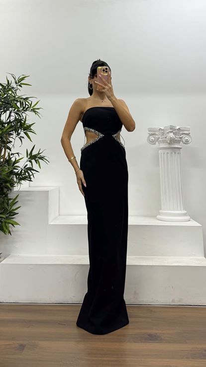 Siyah Straplez Bel Detay Özel Tasarım Abiye Elbise